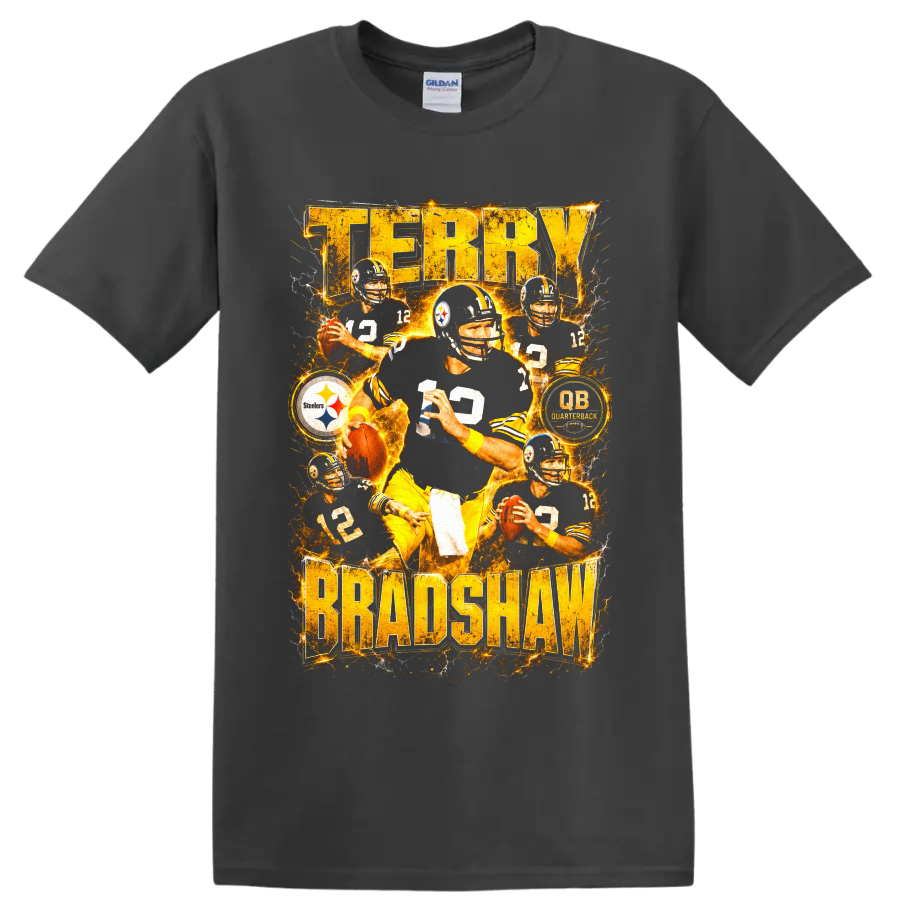 Terry Bradshaw Steelers number 12 quarterback collage with electric gold lettering on a Charcoal T Shirt