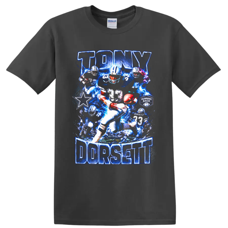 Tony Dorsett Dallas Cowboys number 33 running back collage with blue lightning on a Charcoal T Shirt