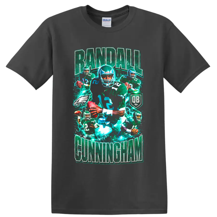Randall Cunningham Philadelphia Eagles quarterback vintage collage with electric football on a Charcoal T Shirt