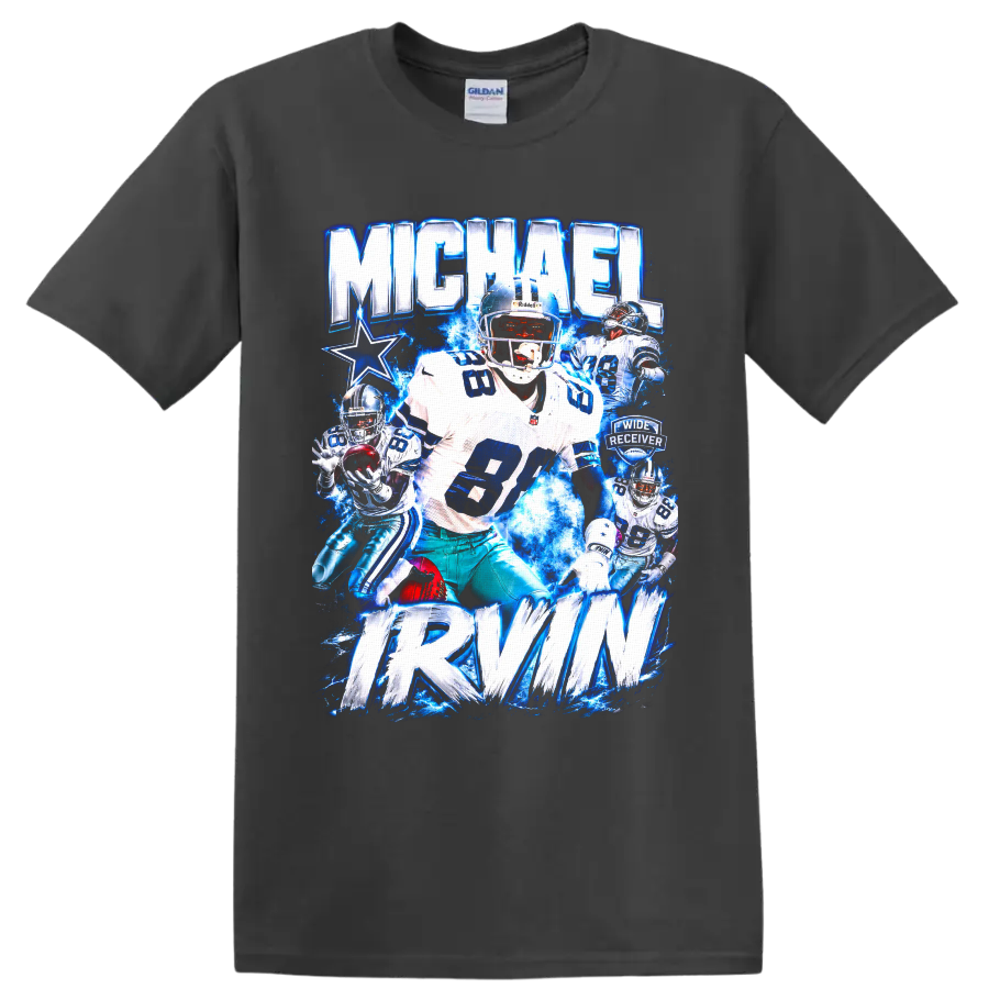 Michael Irvin Dallas Cowboys number 88 wide receiver electric blue graphic collage on a Charcoal T Shirt