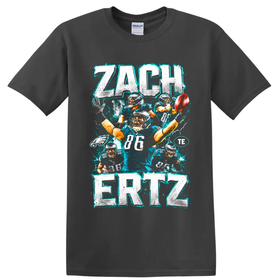 Zach Ertz Eagles number 86 football collage with distressed electric lettering on a Charcoal T Shirt