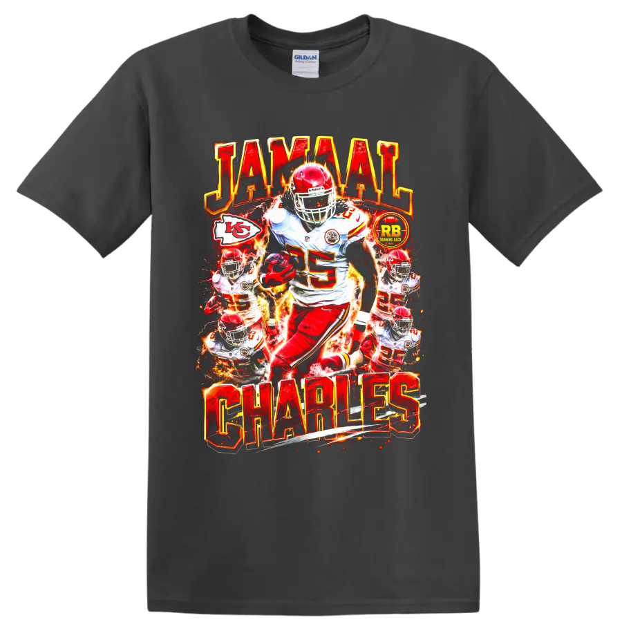 Jamaal Charles Chiefs number 25 fiery football action collage with JAMAAL CHARLES text on a Charcoal T Shirt