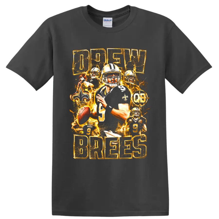 Drew Brees Saints quarterback collage with number 9, fleur-de-lis, and gold lightning on a Charcoal T Shirt