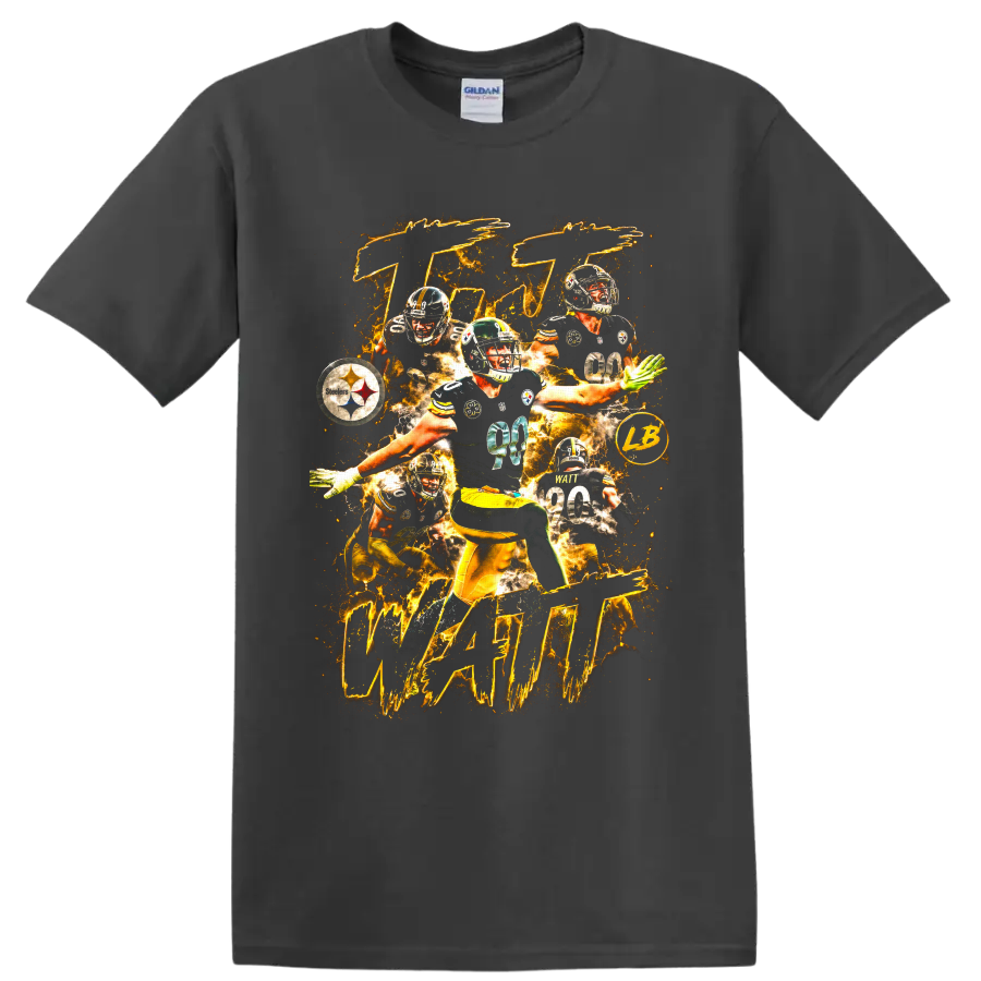 T.J. Watt Steelers number 90 action collage with gold lightning on a Charcoal T Shirt
