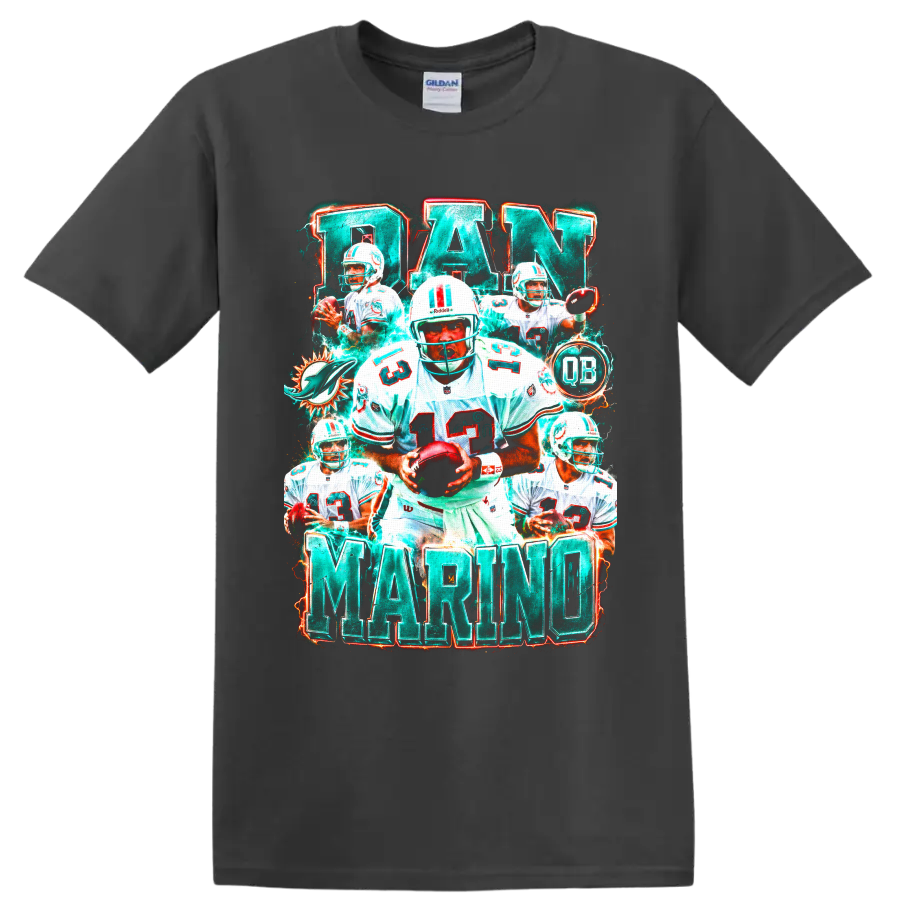 Dan Marino Miami Dolphins quarterback collage with number 13, QB badge, and bold name on a Charcoal T Shirt