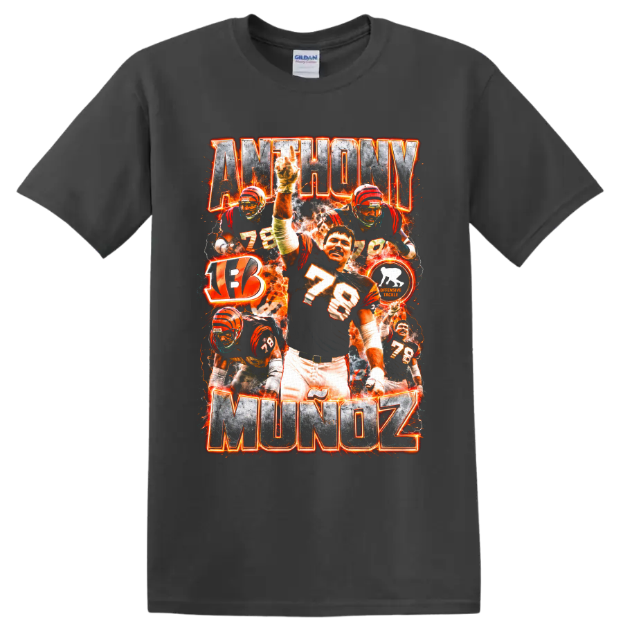 Anthony Muñoz Bengals number 78 football collage with fiery orange graphics on a Charcoal T Shirt