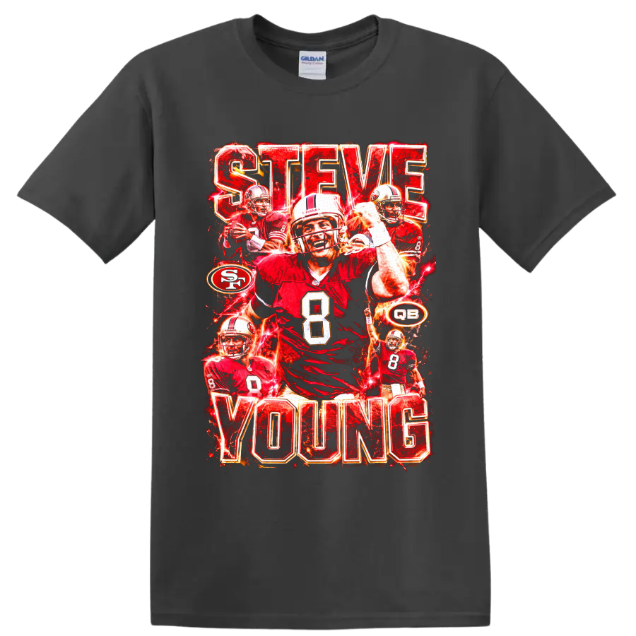 Steve Young 49ers number 8 quarterback collage with STEVE YOUNG lettering on a Charcoal T Shirt