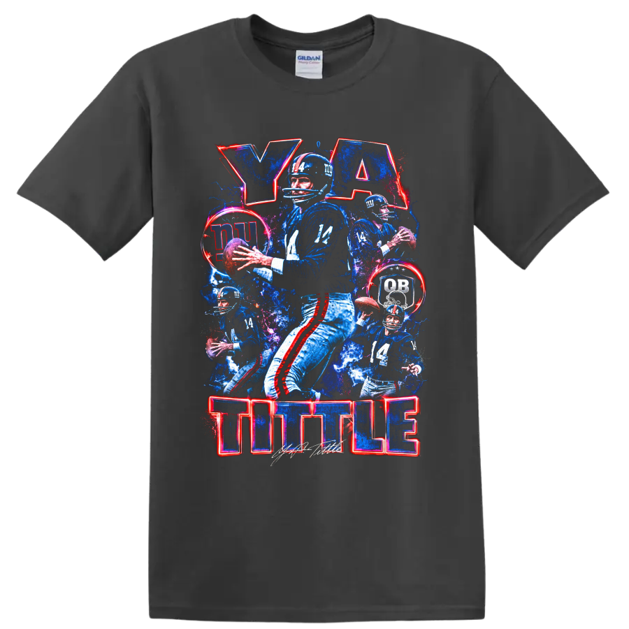 Y. A. Tittle New York Giants number 14 quarterback collage with TITTLE lettering on a Charcoal T Shirt