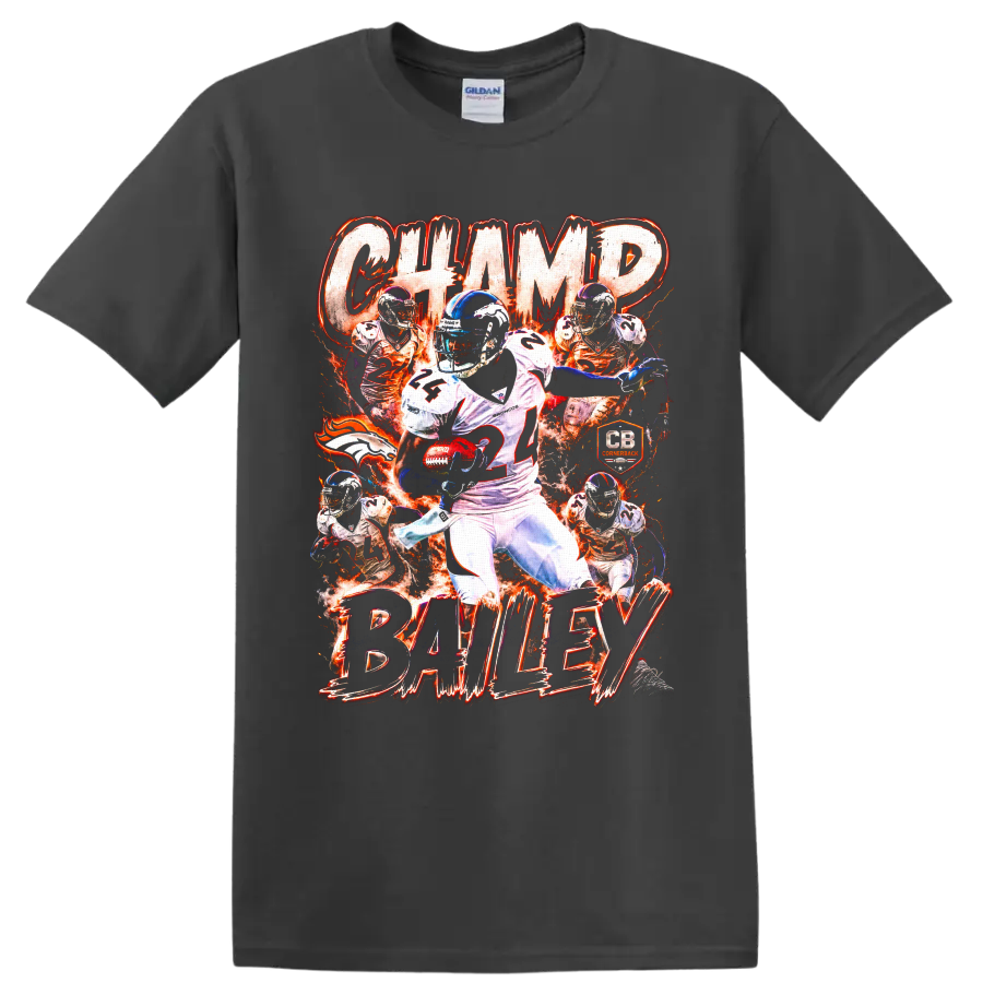 Champ Bailey Denver Broncos number 24 cornerback collage with fiery action graphics on a Charcoal T Shirt