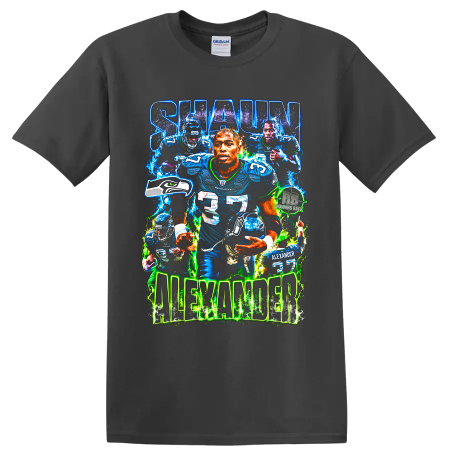 Shaun Alexander Seattle Seahawks number 37 football collage with glowing lettering on a Charcoal T Shirt