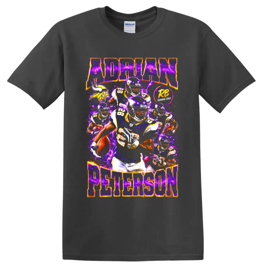 Adrian Peterson Vikings running back collage with purple lightning and football action on a Charcoal T Shirt