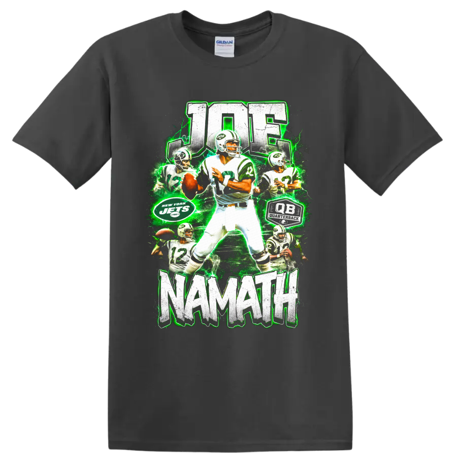 Joe Namath New York Jets quarterback collage with number 12, distressed text, and green on a Charcoal T Shirt