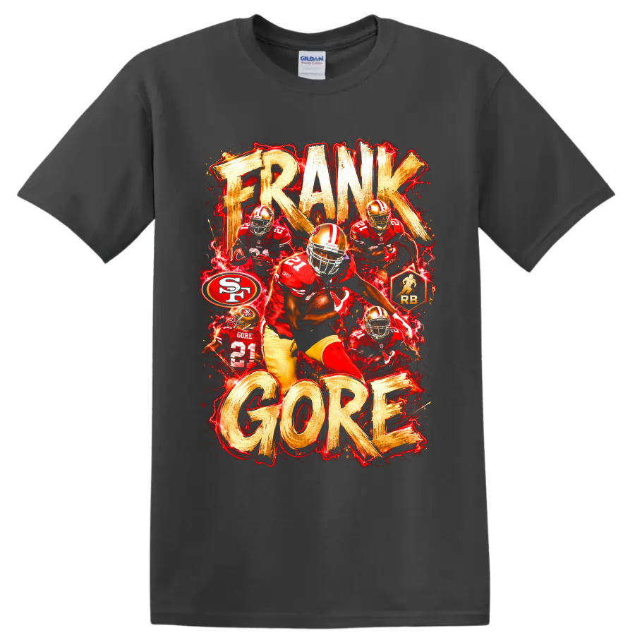Frank Gore 49ers number 21 action collage with distressed FRANK GORE lettering on a Charcoal T Shirt