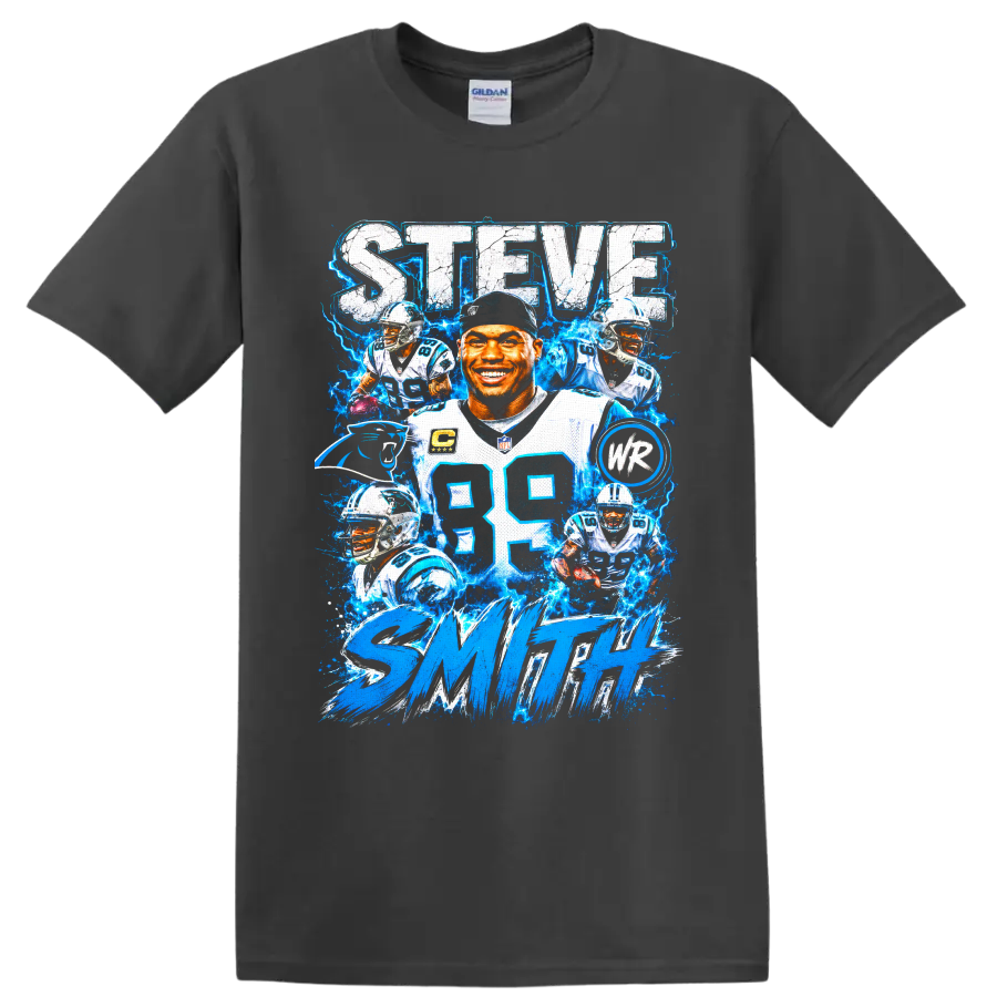 Steve Smith Sr. Carolina Panthers number 89 football collage with electric blue lightning on a Charcoal T Shirt