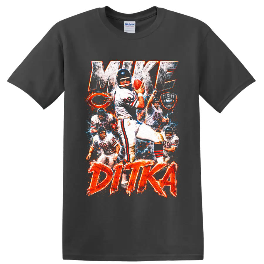Mike Ditka Chicago Bears number 89 vintage football collage with MAKE DITKA text on a Charcoal T Shirt