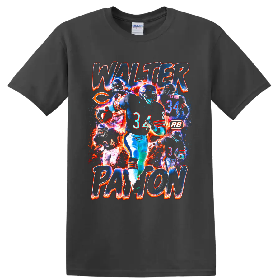 Walter Payton Chicago Bears number 34 action collage with distressed name lettering on a Charcoal T Shirt