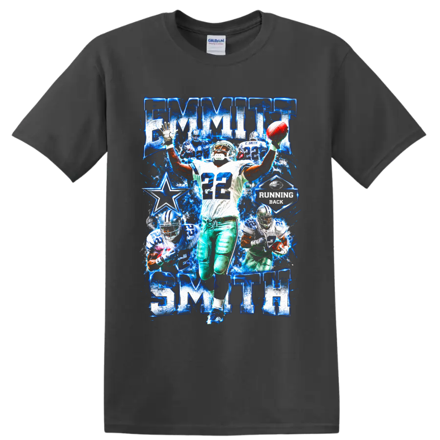 Emmitt Smith Dallas Cowboys number 22 running back blue star action collage on a Charcoal T Shirt