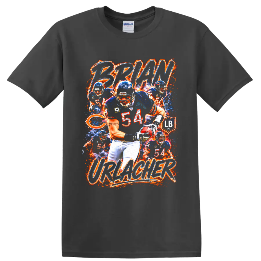Brian Urlacher Chicago Bears 54 action collage with fiery BRIAN URLACHER lettering on a Charcoal T Shirt