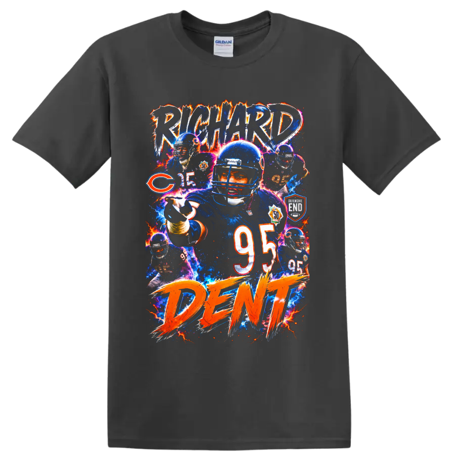 Richard Dent Chicago Bears number 95 football collage with electric retro lettering on a Charcoal T Shirt