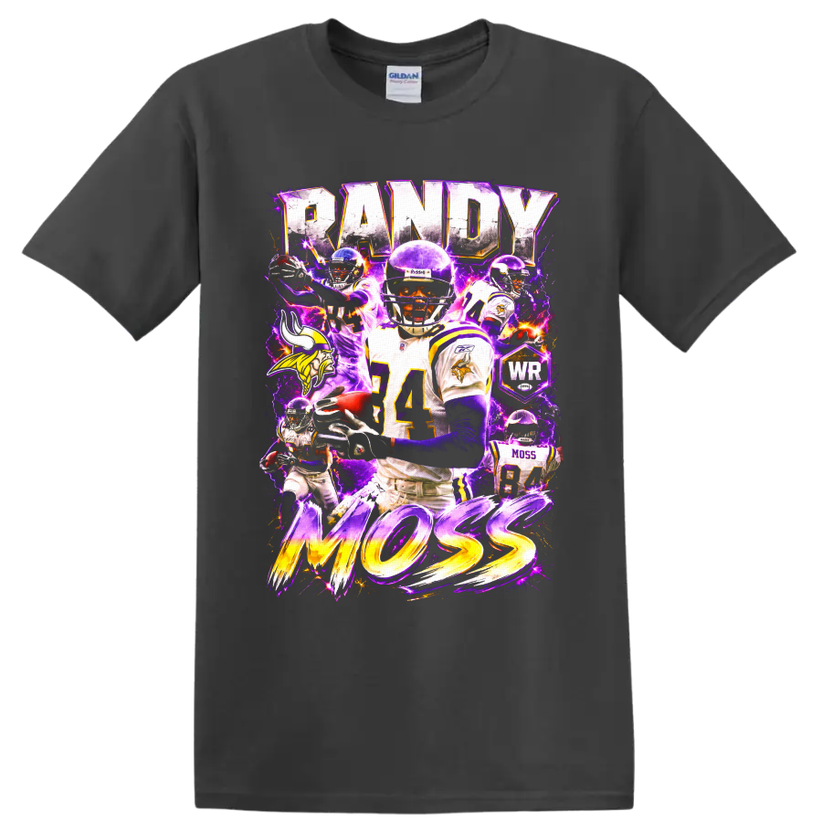 Randy Moss Minnesota Vikings number 84 collage with RANDY MOSS text and purple lightning on a Charcoal T Shirt