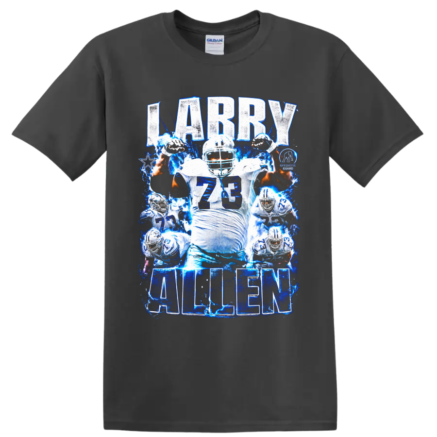 Larry Allen Dallas Cowboys number 73 football collage with blue lightning and bold on a Charcoal T Shirt