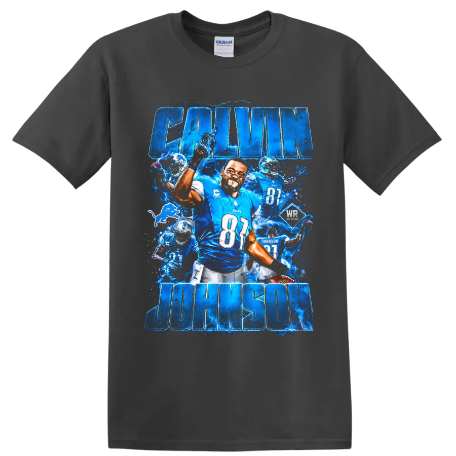 Calvin Johnson Detroit Lions number 81 football collage with electric blue lightning on a Charcoal T Shirt