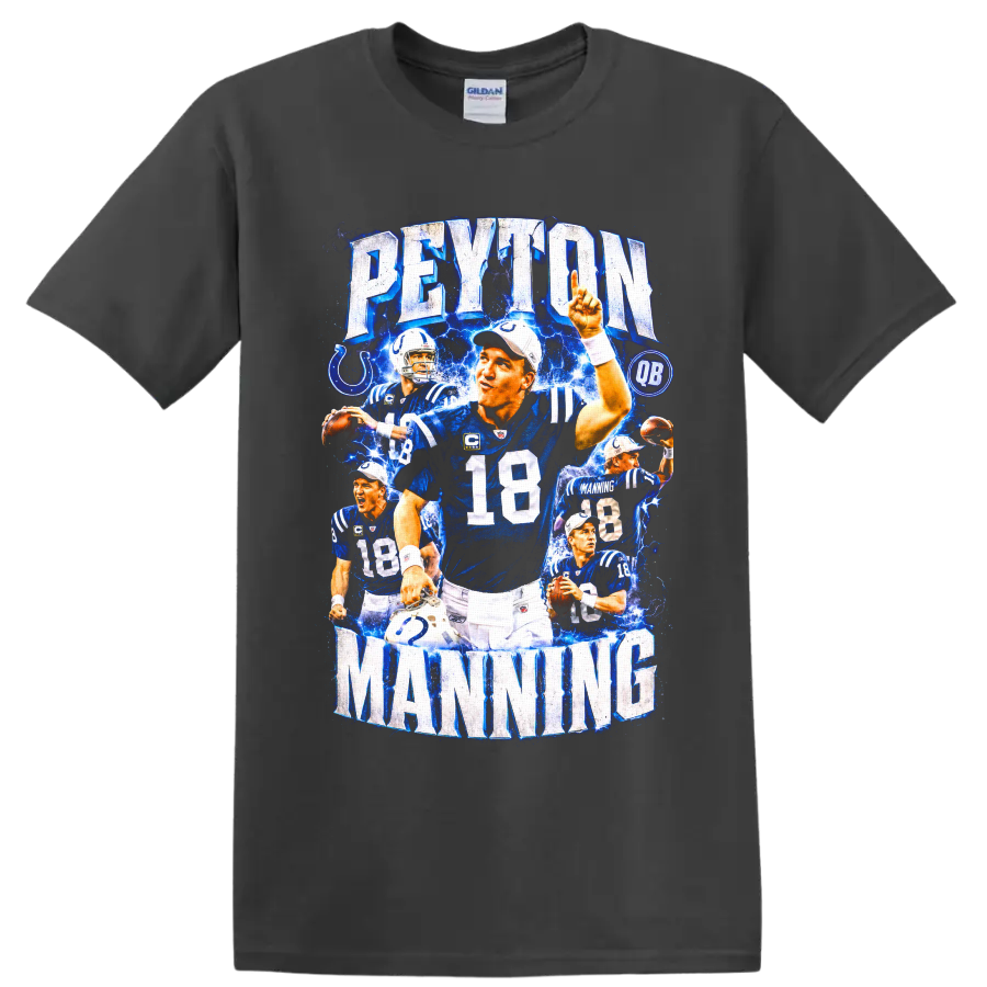 Peyton Manning Indianapolis Colts No. 18 electric football collage with PEYTON MANNING on a Charcoal T Shirt