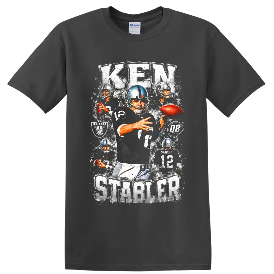 Ken Stabler Oakland Raiders number 12 vintage football collage with Raiders emblems on a Charcoal T Shirt