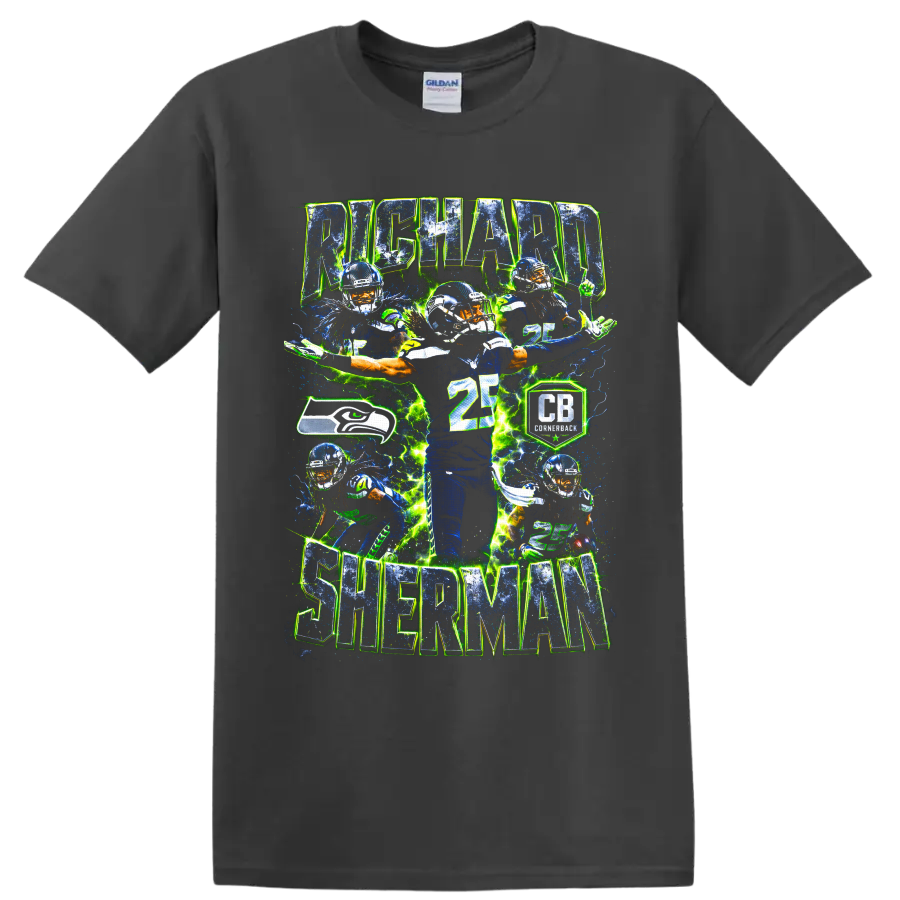 Richard Sherman Seahawks cornerback collage with number 25 and electric action effects on a Charcoal T Shirt