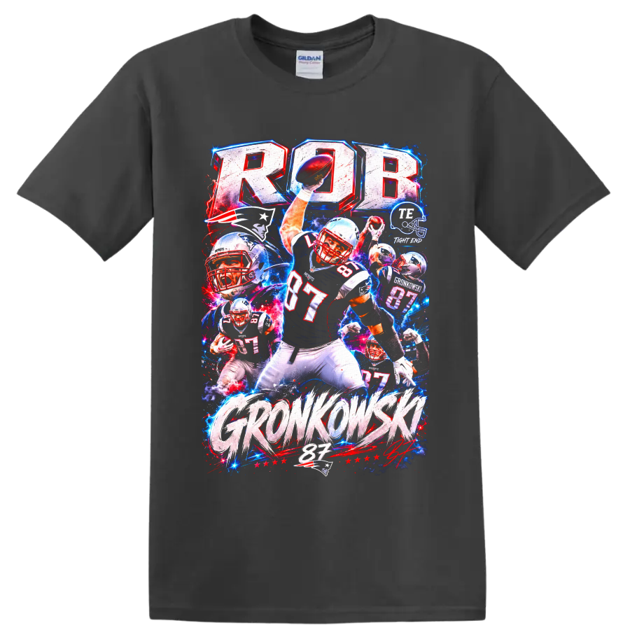 Rob Gronkowski Patriots number 87 football action collage with bold GRONKOWSKI text on a Charcoal T Shirt