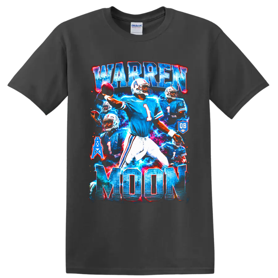 Warren Moon Houston Oilers quarterback collage with bold WARREN MOON lettering on a Charcoal T Shirt