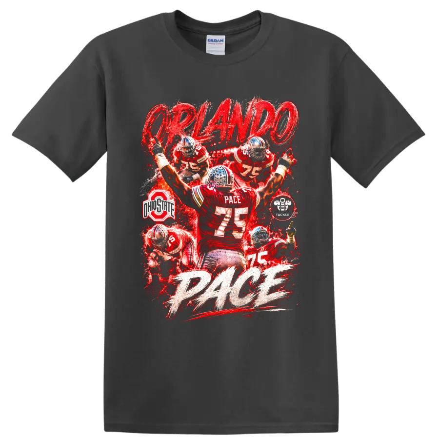 Orlando Pace Ohio State Buckeyes No. 75 red football action collage with PACE lettering on a Charcoal T Shirt