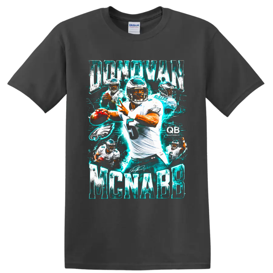Donovan McNabb Philadelphia Eagles quarterback collage with electric teal action graphics on a Charcoal T Shirt