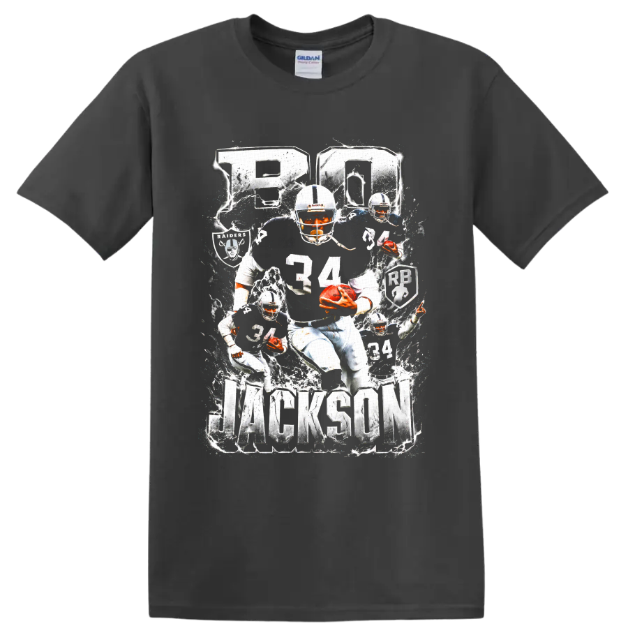Bo Jackson Oakland Raiders number 34 football collage with BO and JACKSON text on a Charcoal T Shirt