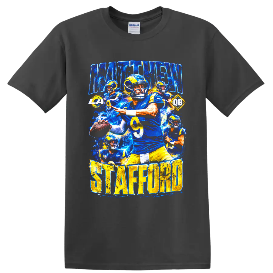 Matthew Stafford Rams quarterback action collage with MATTHEW STAFFORD lettering on a Charcoal T Shirt