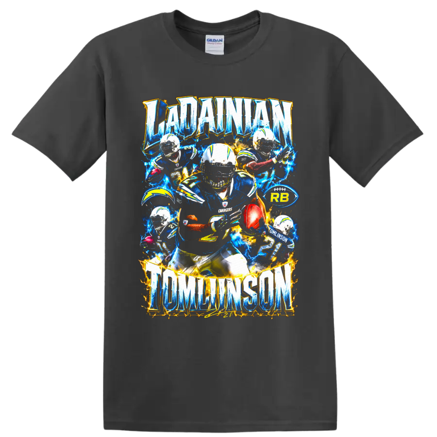 LaDainian Tomlinson San Diego Chargers number 21 electric football collage on a Charcoal T Shirt