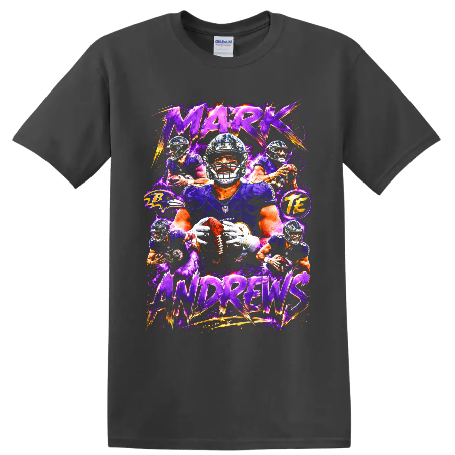 Mark Andrews Baltimore Ravens football action collage with purple lightning and bold on a Charcoal T Shirt