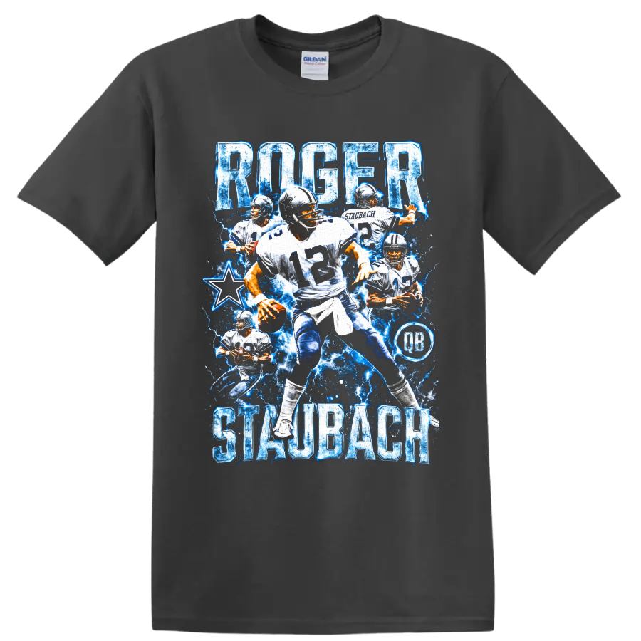 Roger Staubach Dallas Cowboys quarterback collage with blue lightning and number 12 on a Charcoal T Shirt