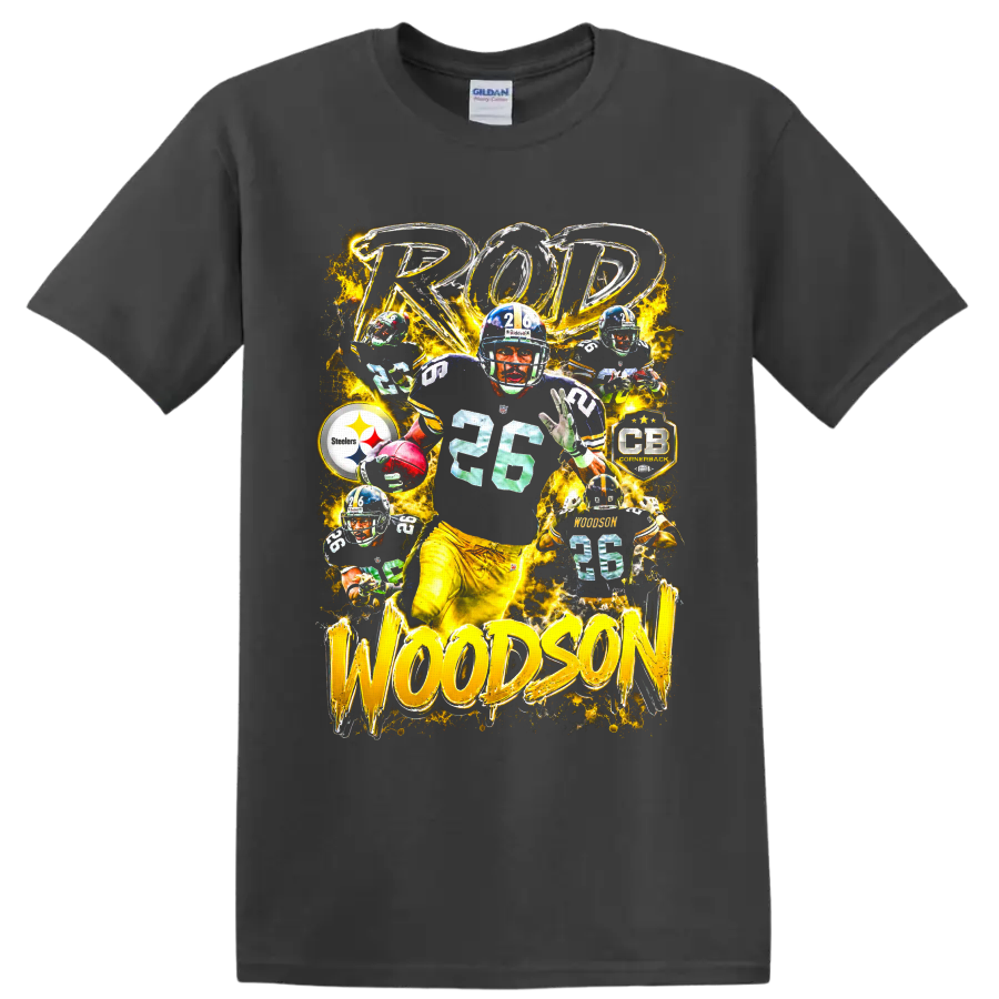 Rod Woodson No. 26 Steelers cornerback collage with gold lightning and bold lettering on a Charcoal T Shirt