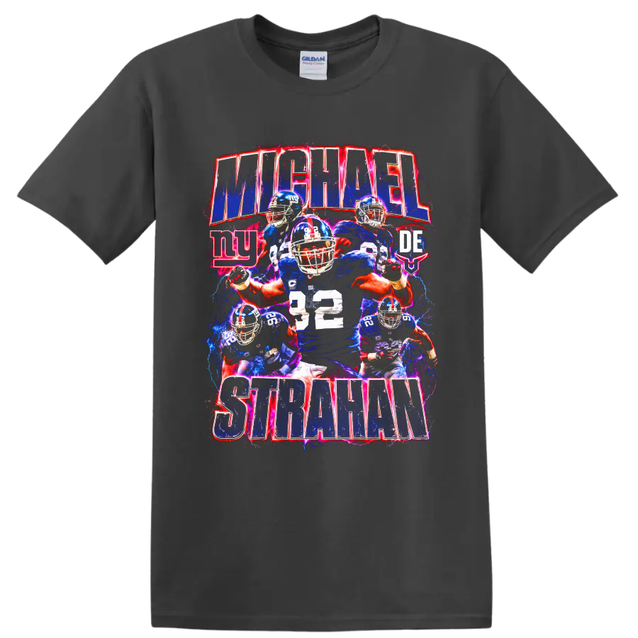 Michael Strahan number 92 New York Giants football collage with electric action effects on a Charcoal T Shirt