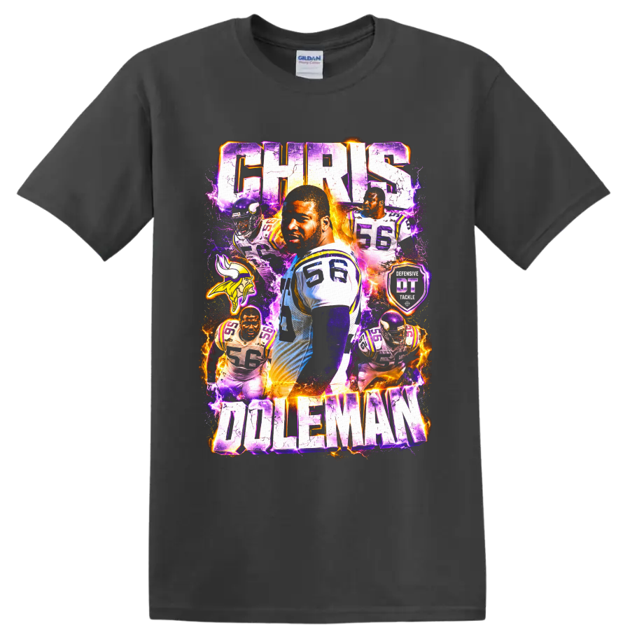 Chris Doleman Minnesota Vikings number 56 lightning football collage with CHRIS DOLEMAN on a Charcoal T Shirt