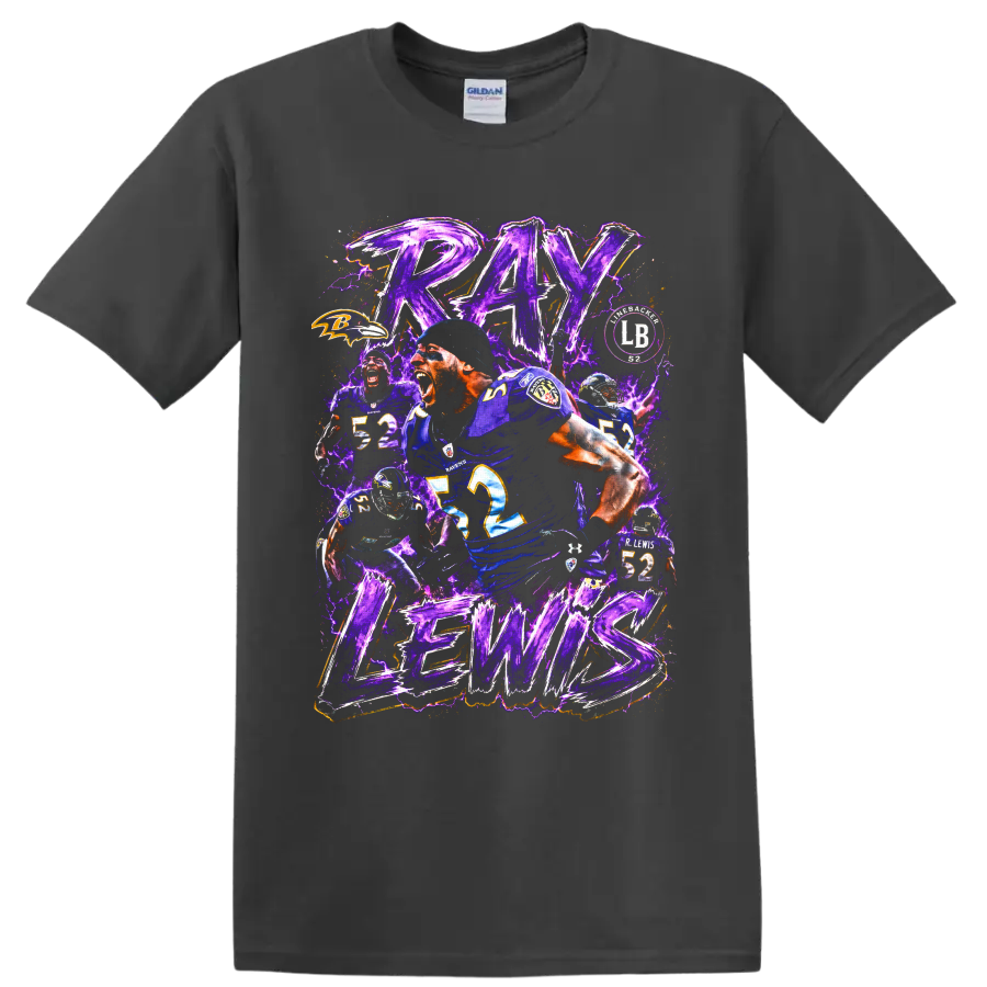 Ray Lewis Baltimore Ravens number 52 football collage with purple lightning on a Charcoal T Shirt