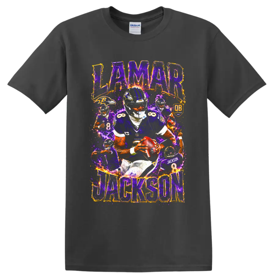 Lamar Jackson Ravens quarterback number 8 action collage with purple lightning on a Charcoal T Shirt