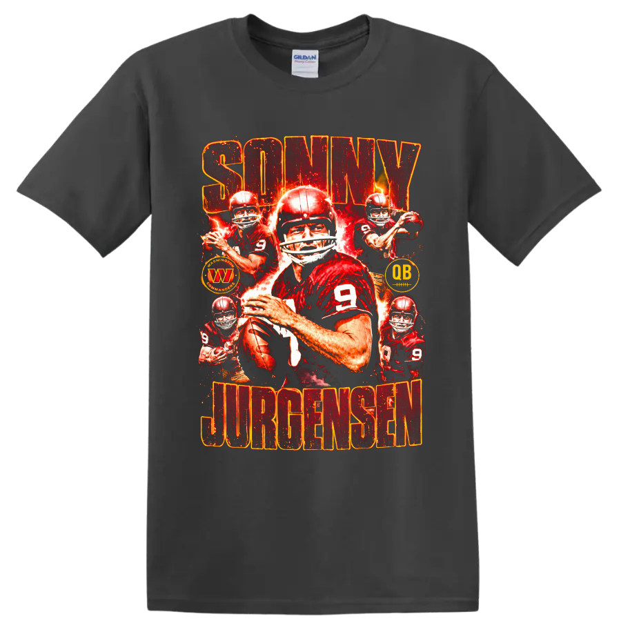Sonny Jurgensen No. 9 quarterback collage with fiery distressed football graphics on a Charcoal T Shirt