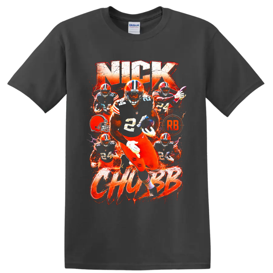 Nick Chubb Cleveland Browns running back action collage with fiery orange typography on a Charcoal T Shirt