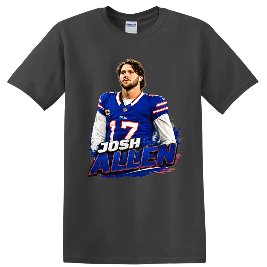Josh Allen Buffalo Bills quarterback graphic with number 17 and distressed name lettering on a Charcoal T Shirt