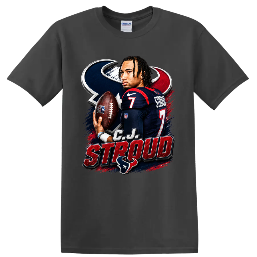 C.J. Stroud Houston Texans quarterback graphic with football, number 7, and team mark on a Charcoal T Shirt