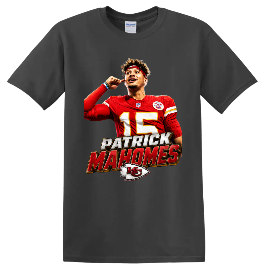 Patrick Mahomes Chiefs number 15 football graphic with bold name lettering and arrowhead on a Charcoal T Shirt
