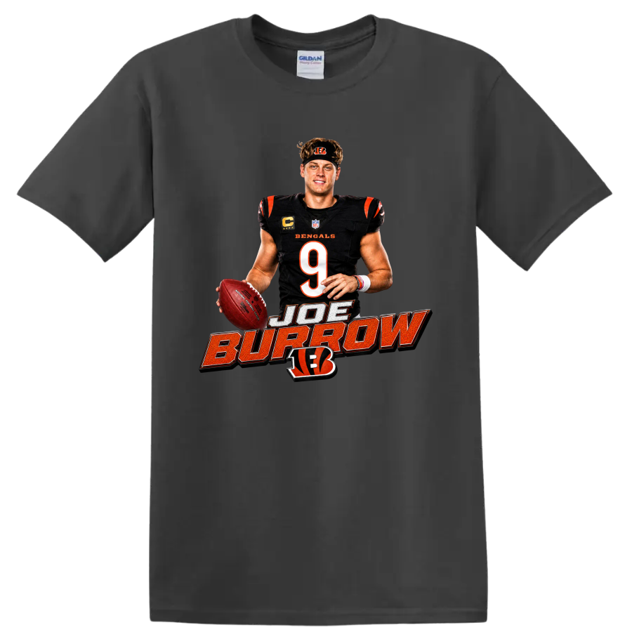 Joe Burrow Bengals quarterback graphic with number 9, football, and bold name lettering on a Charcoal T Shirt