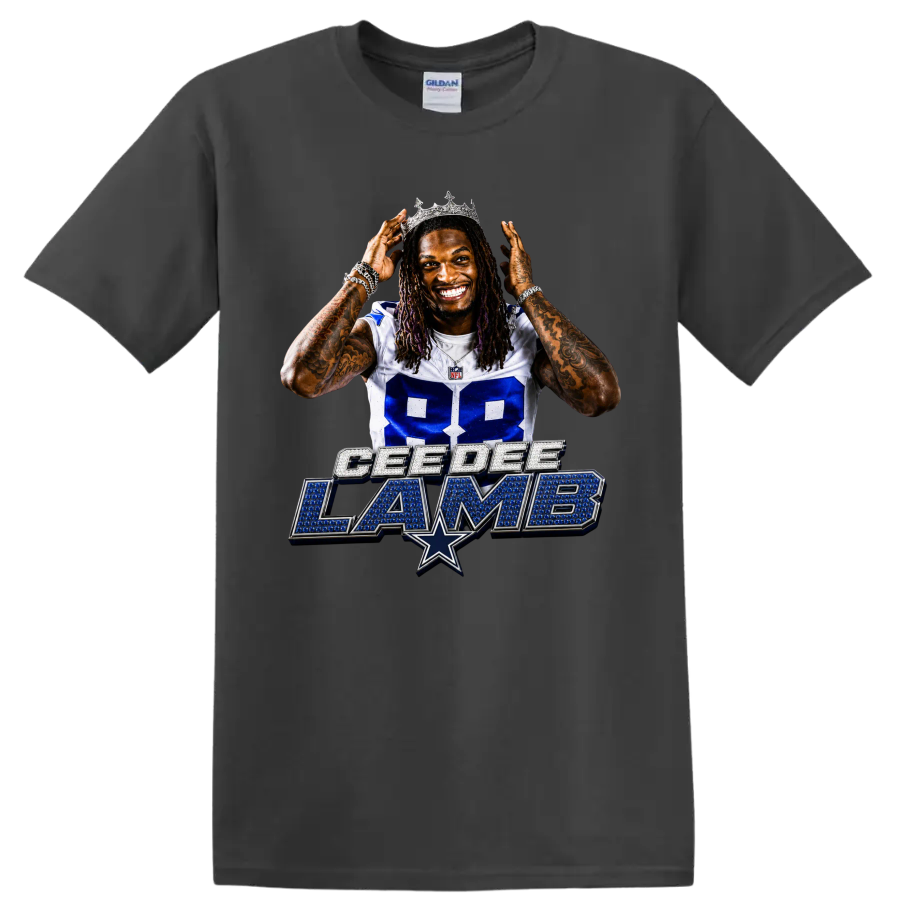 CeeDee Lamb Dallas Cowboys 88 portrait wearing a crown above jewel-style name art on a Charcoal T Shirt